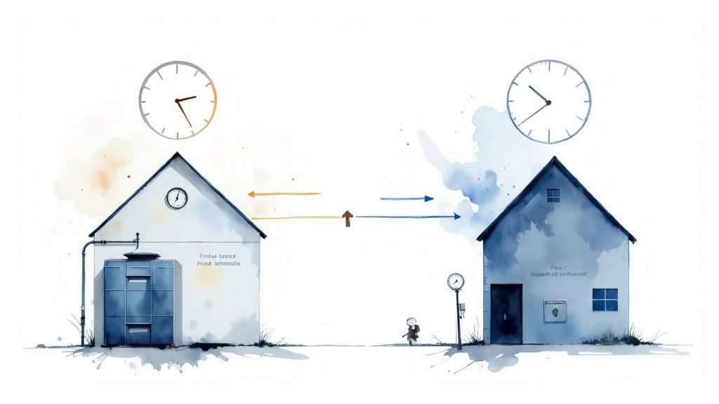 Watercolor illustration of two houses with clocks and arrows, symbolizing a timed process or interaction.