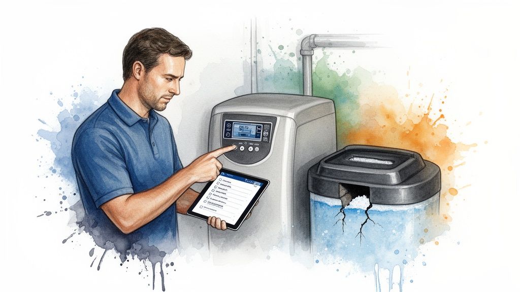 Man using a tablet to diagnose and maintain a water softener system with a cracked brine tank.
