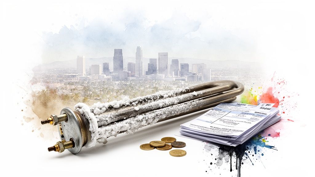 A heavily scaled water heater element, stacks of utility bills, and coins against a city skyline.