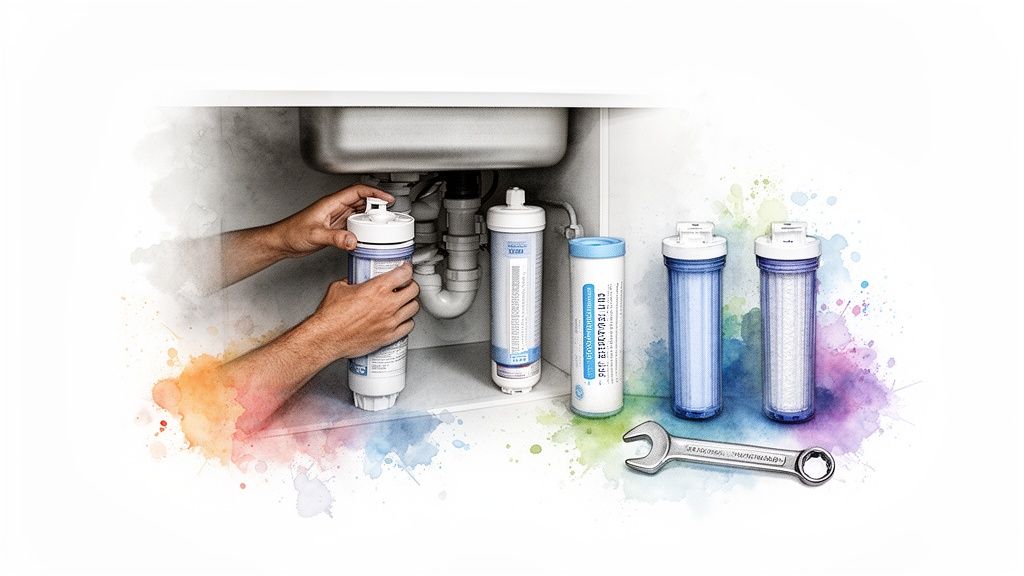 Hands installing a water filter system under a kitchen sink with several filters and a wrench.