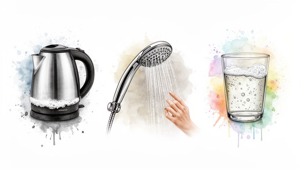 Illustrations showing signs of water hardness: a scaled electric kettle, a shower, and a glass of bubbly water.