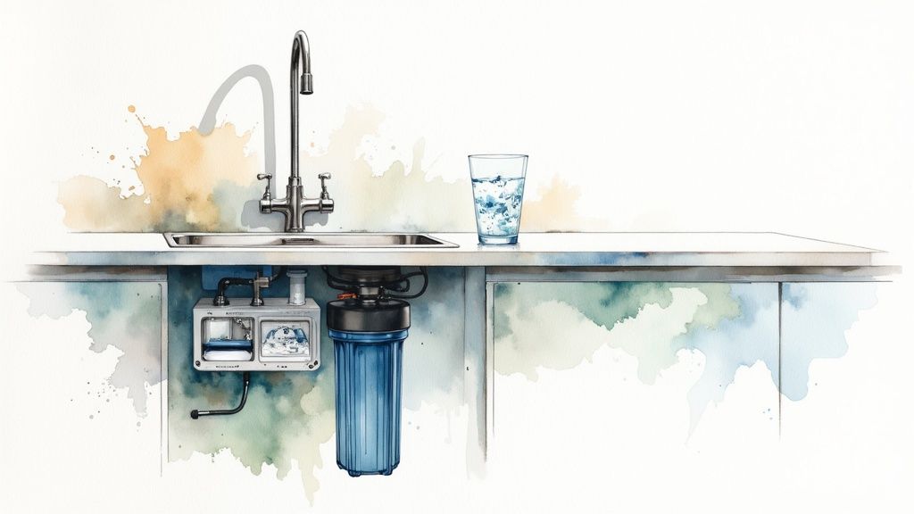 A modern under-sink reverse osmosis system with multiple filtration stages and a dedicated faucet.