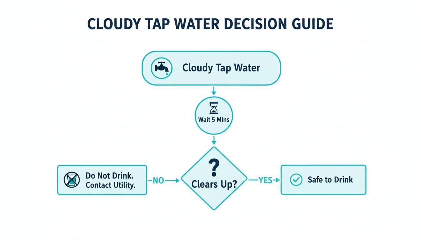 Flowchart guiding users on how to assess cloudy tap water, including waiting 5 minutes and checking if it clears.