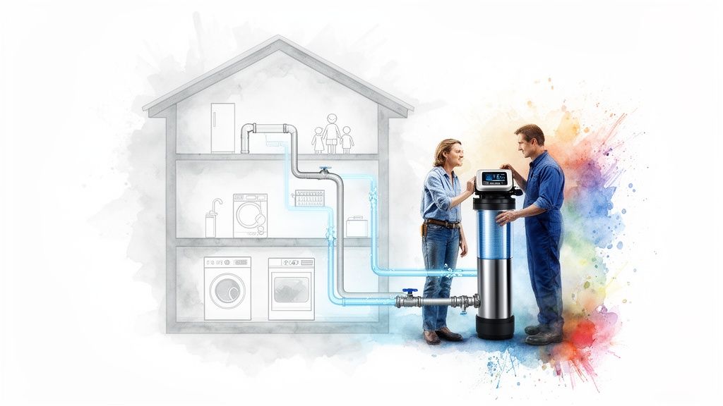 Two people by a whole house water filtration system in a cross-section of a home.