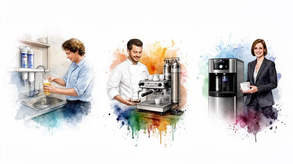 Watercolor art depicting various clean water solutions: tap filter, espresso machine, and office water cooler.