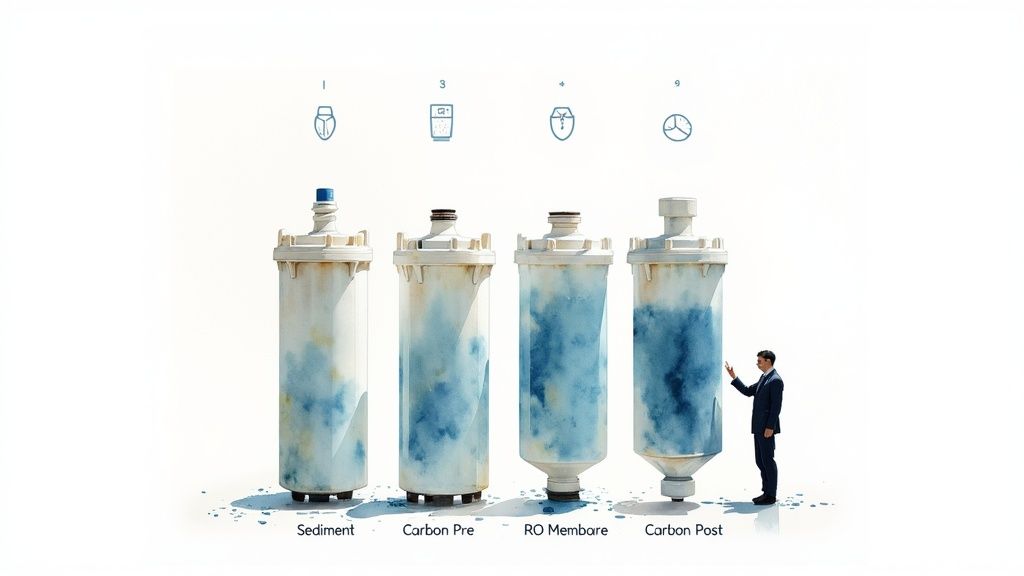 Illustration showing a man next to four reverse osmosis water filtration system filters.