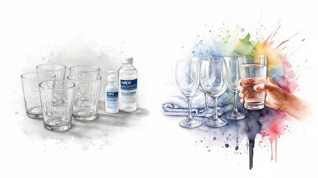 Illustration shows hard water spots on glasses, contrasting with sparkling clean glasses and clear drinking water.
