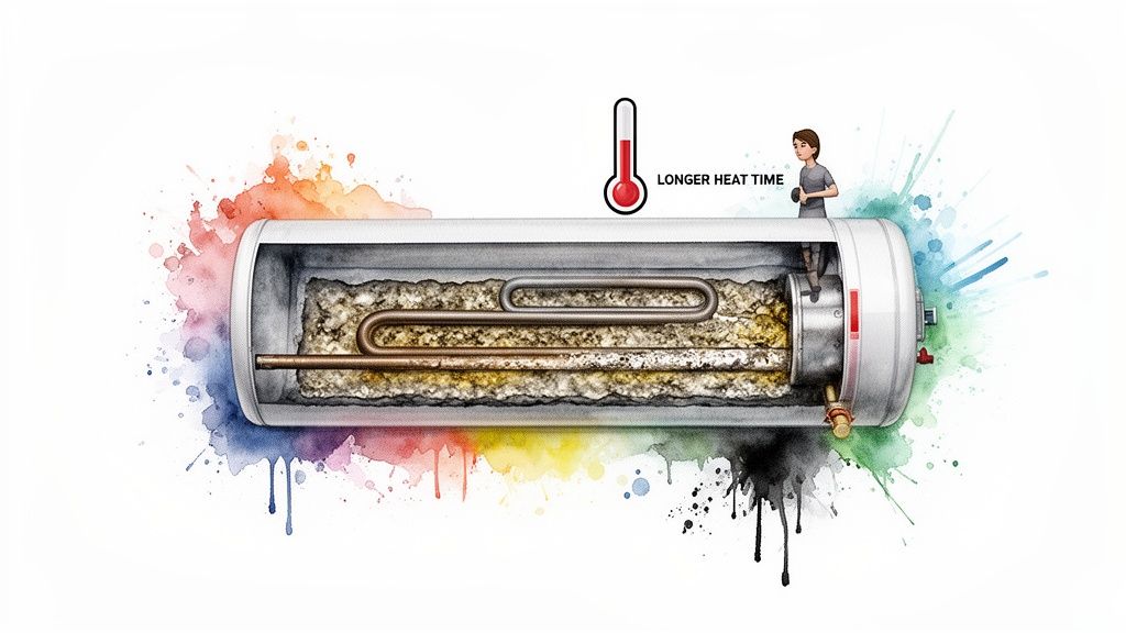 Cross-section of a water heater shows severe mineral scale buildup on heating elements, causing longer heat time.