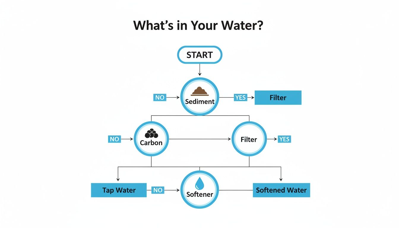 Flowchart detailing water treatment steps for sediment, carbon, and hardness, leading to tap or softened water.