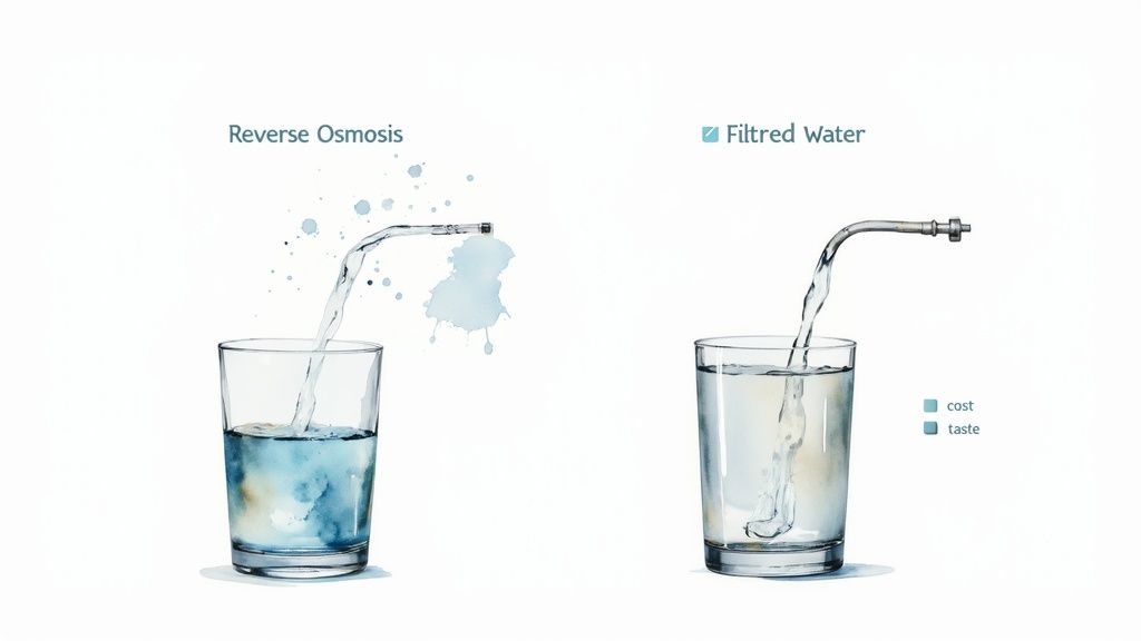 Watercolor illustration comparing reverse osmosis and filtered water in two separate glasses.
