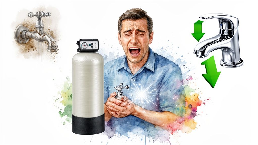 A distressed man holding a shining faucet after water treatment, contrasting dirty and clean faucets.