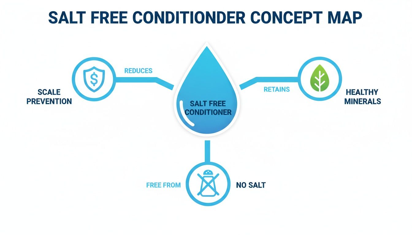 Concept map illustrating the benefits of a salt-free water conditioner, showing scale prevention, healthy mineral retention, and no salt.