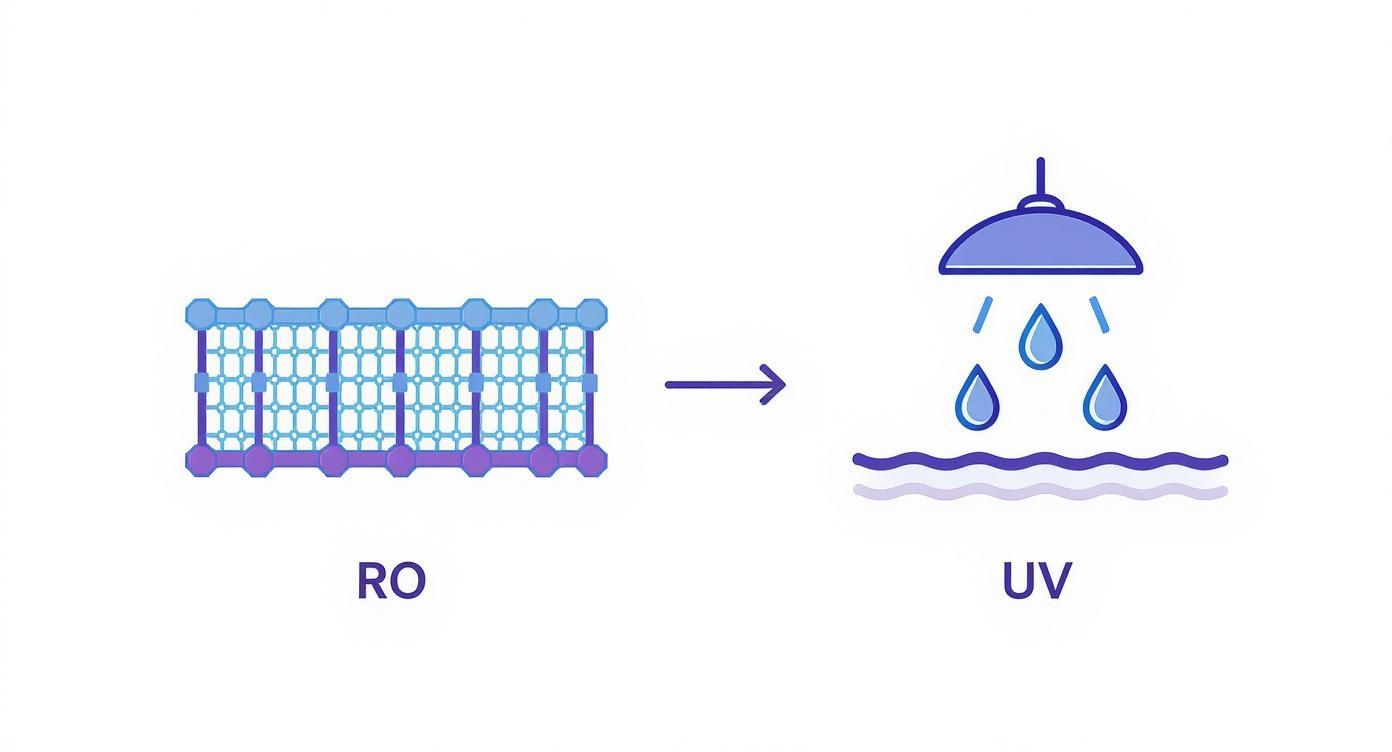 Diagram illustrating water filtration stages: reverse osmosis (RO) and ultraviolet (UV) disinfection.