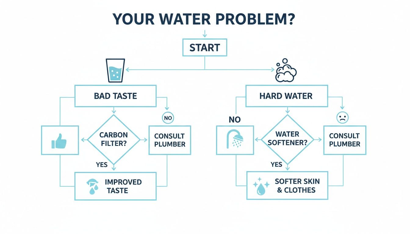 Flowchart outlining solutions for common water problems: bad taste and hard water issues.