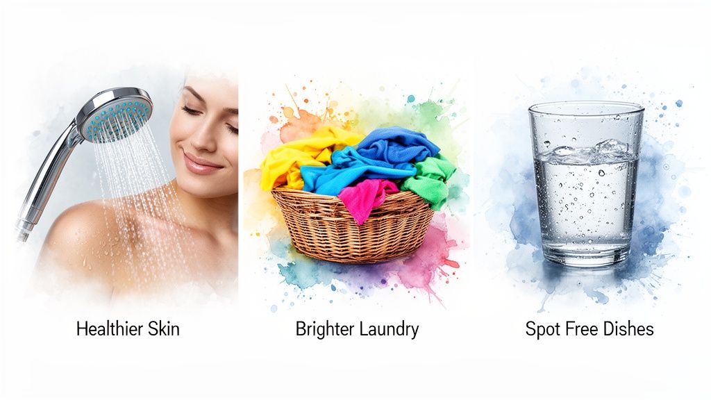Three images illustrating benefits of treated water: healthier skin from showering, brighter laundry, and spot-free dishes.