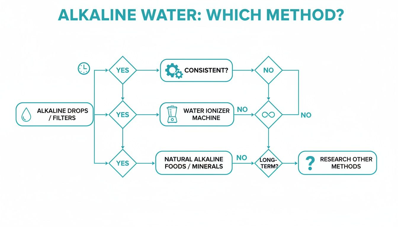 A flowchart detailing methods to get alkaline water, including drops, filters, ionizer machines, and natural foods.