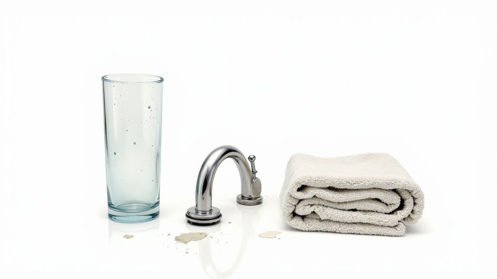 A tall clear drinking glass, a shiny chrome faucet, and a folded beige towel on a white surface.