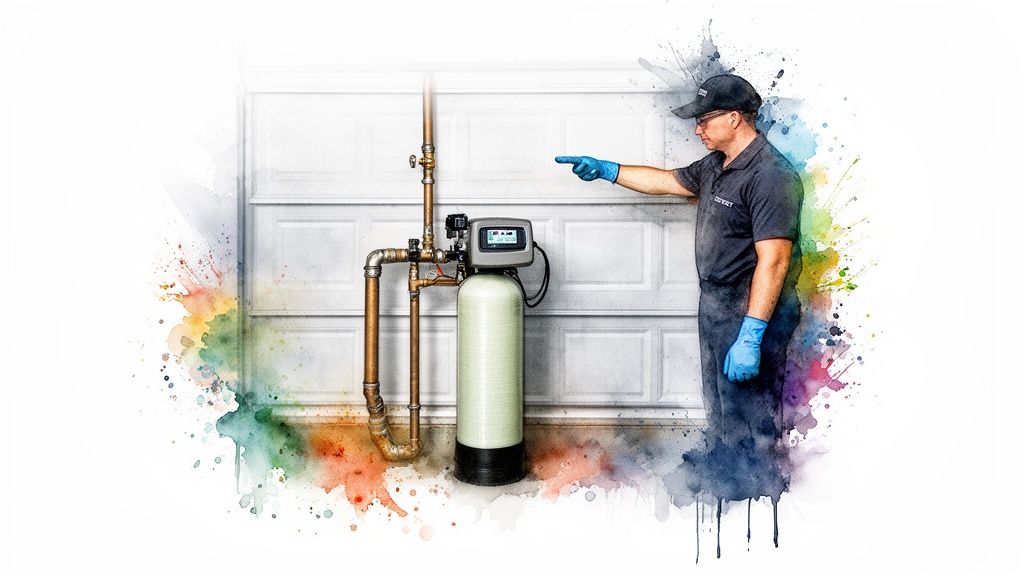 A technician in blue gloves points to a water softener system with copper pipes in a garage.
