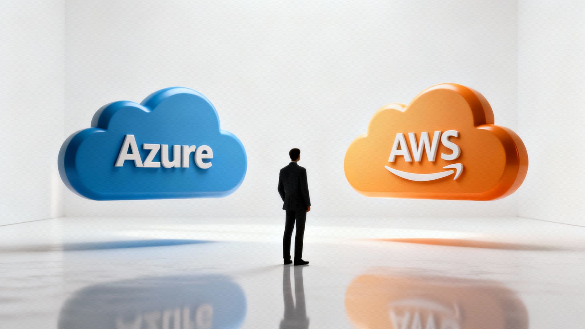 A man stands between blue Azure and orange AWS cloud logos, representing a choice.