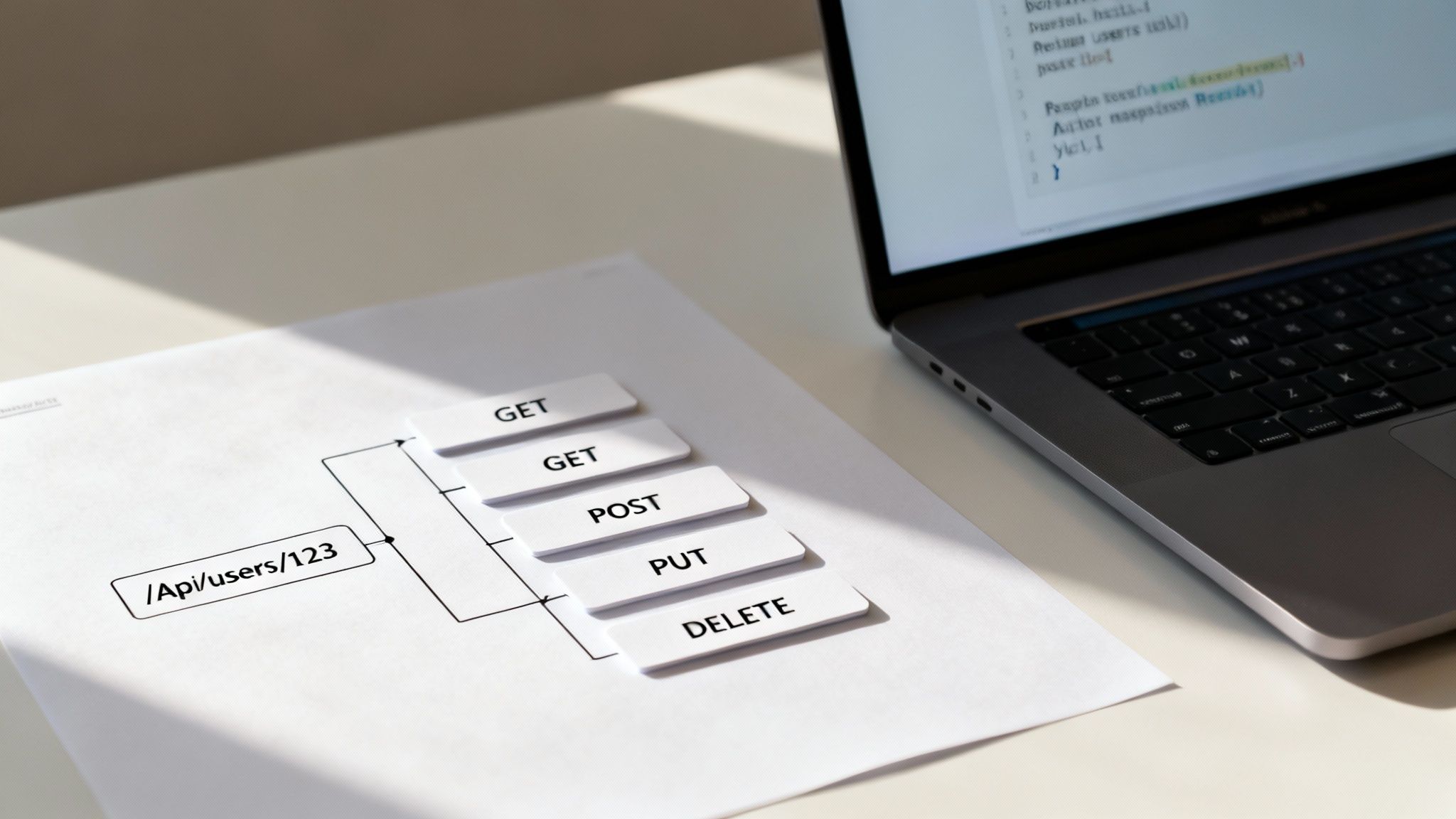 A developer's workspace with a laptop showing code and a diagram illustrating REST API GET, POST, PUT, DELETE methods.
