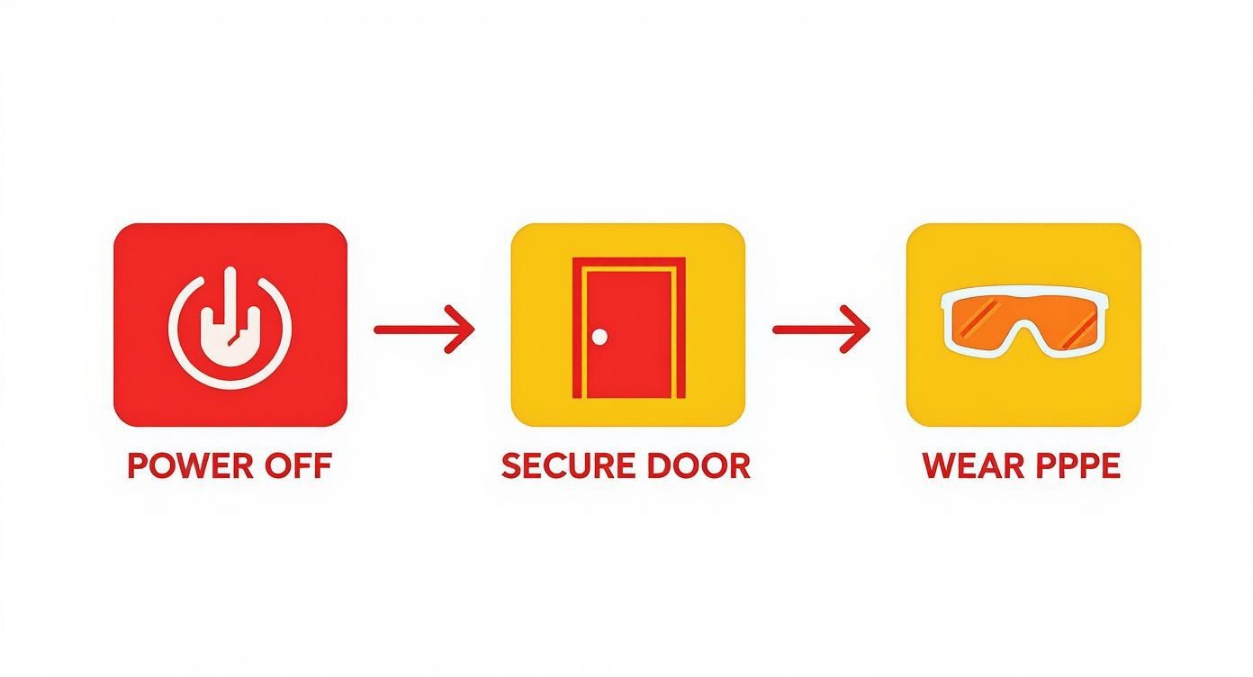 Safety sequence showing power off, secure door, and wear protective equipment icons for garage door maintenance