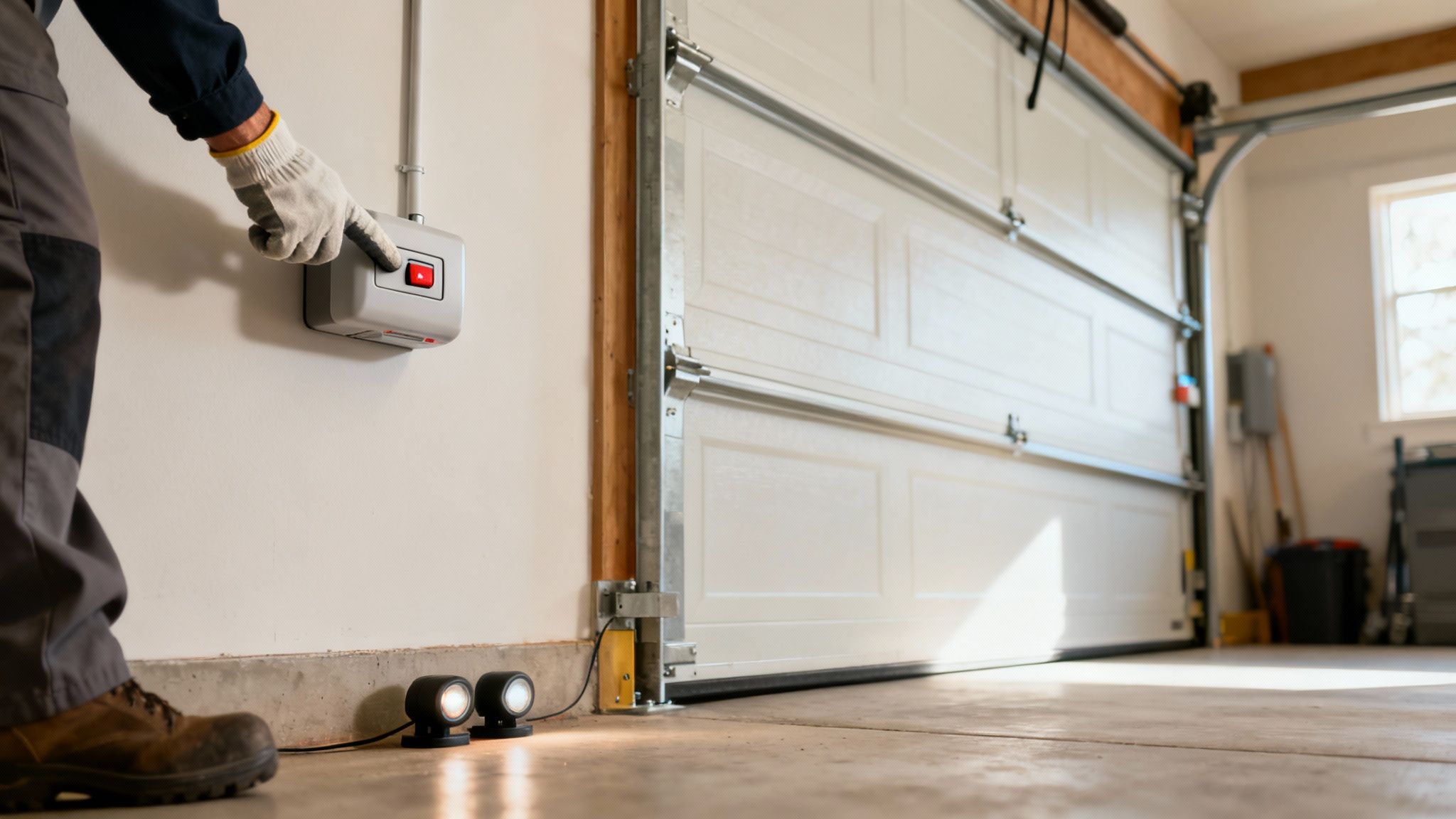 A person's hand pressing a button on a garage door opener motor unit mounted to a ceiling.