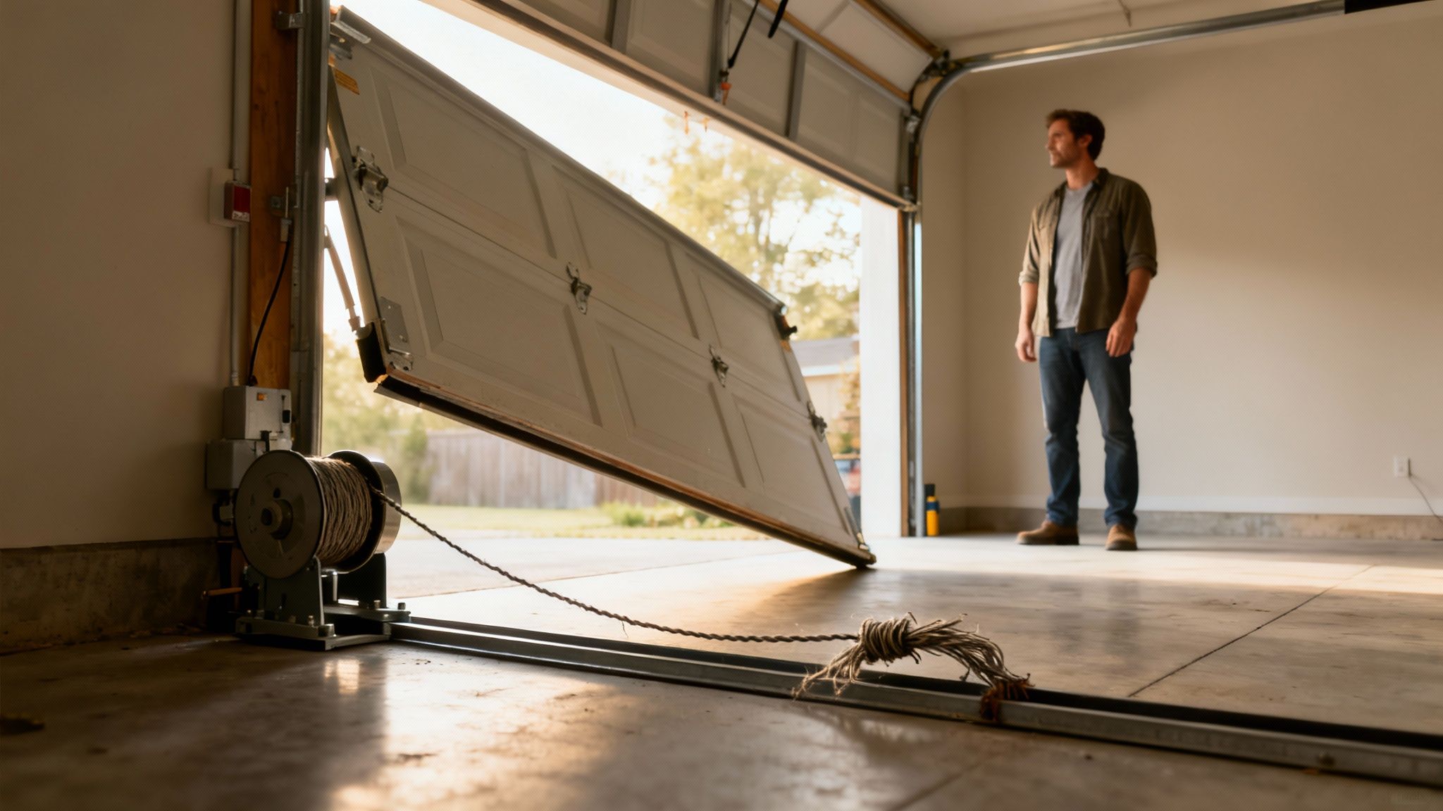 A man in a garage observes a malfunctioning garage door, with cables and a reel on the floor.