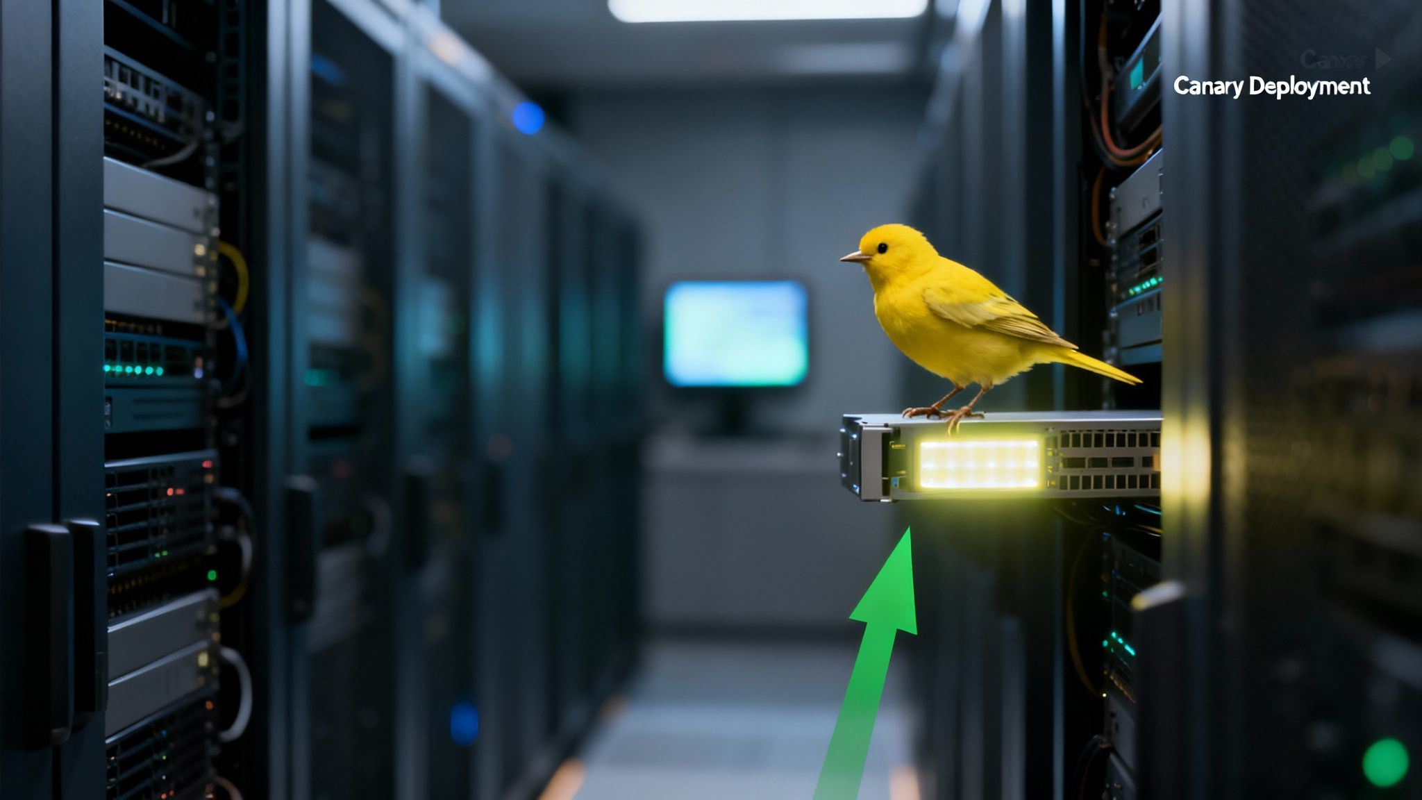 A yellow canary bird perches on a glowing server in a data center, illustrating canary deployment.