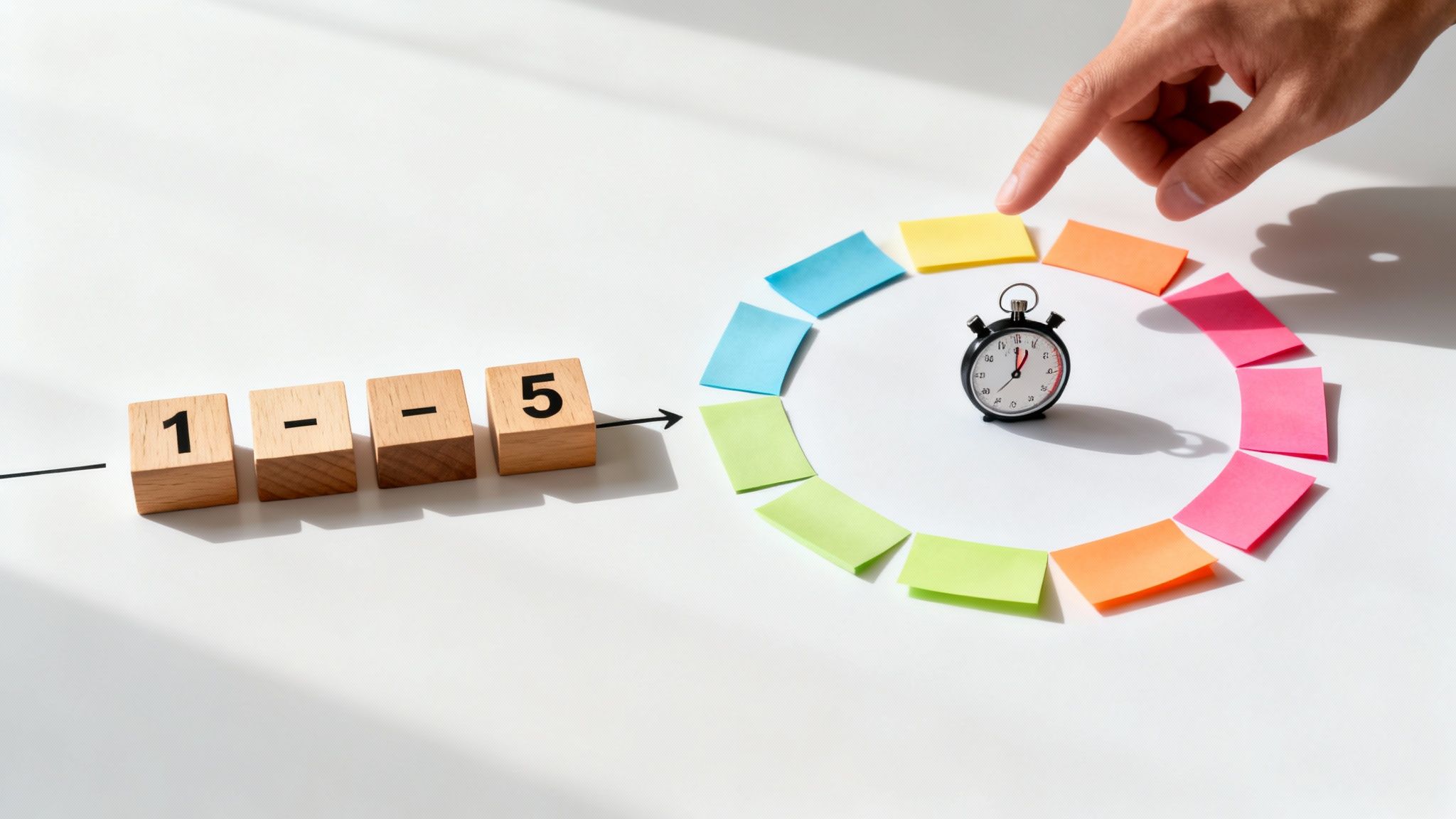 A hand points to a yellow sticky note in a circular agile workflow around an alarm clock.