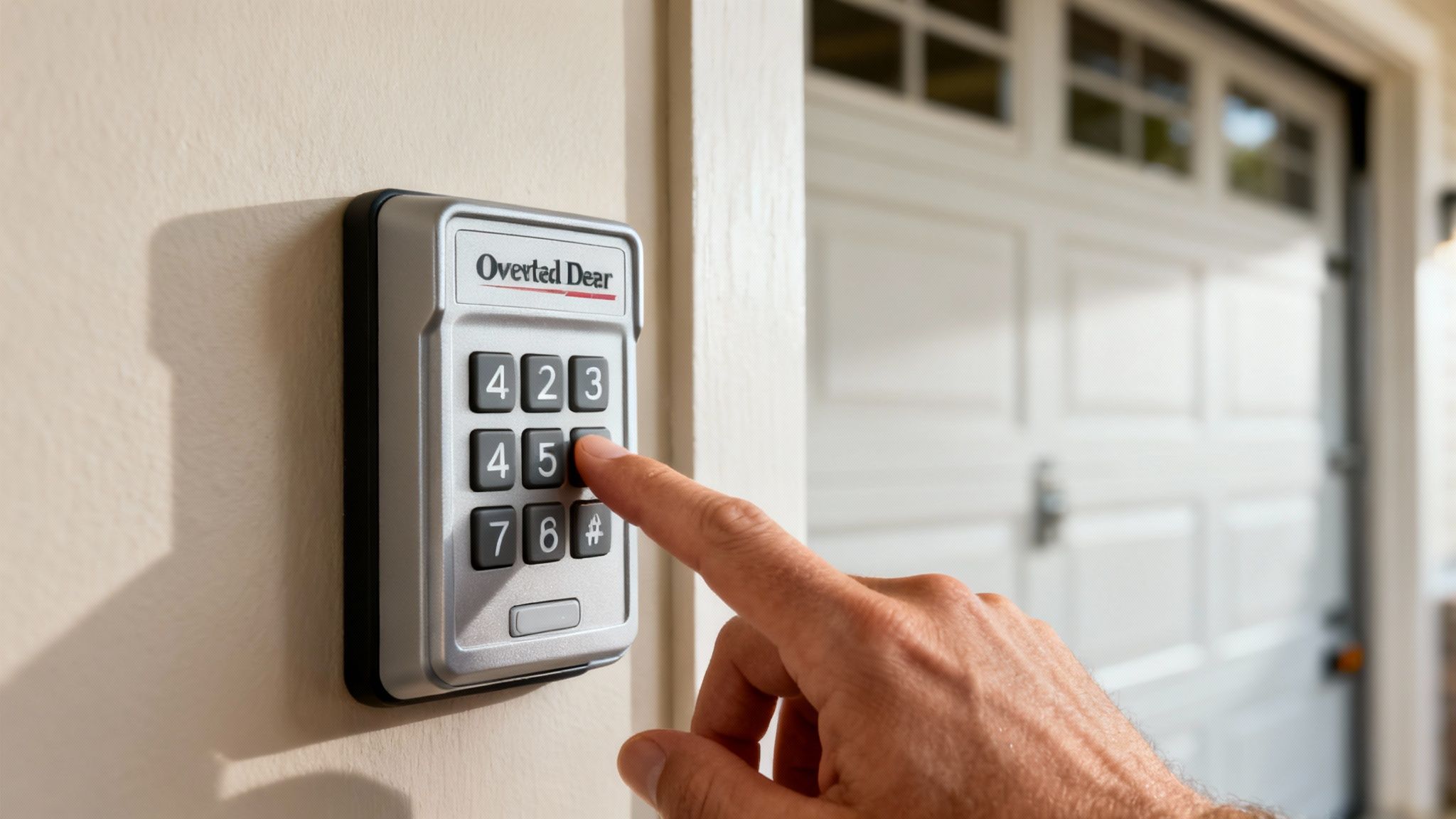 A person's finger presses the '5' button on an Overhead Door garage door opener keypad.