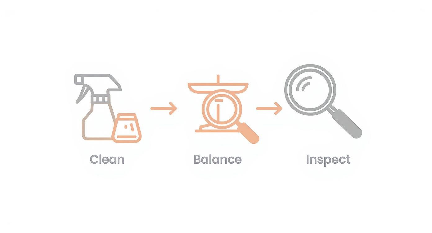 A three-step process showing cleaning with a spray bottle, balancing with a scale, and inspecting with a magnifying glass.
