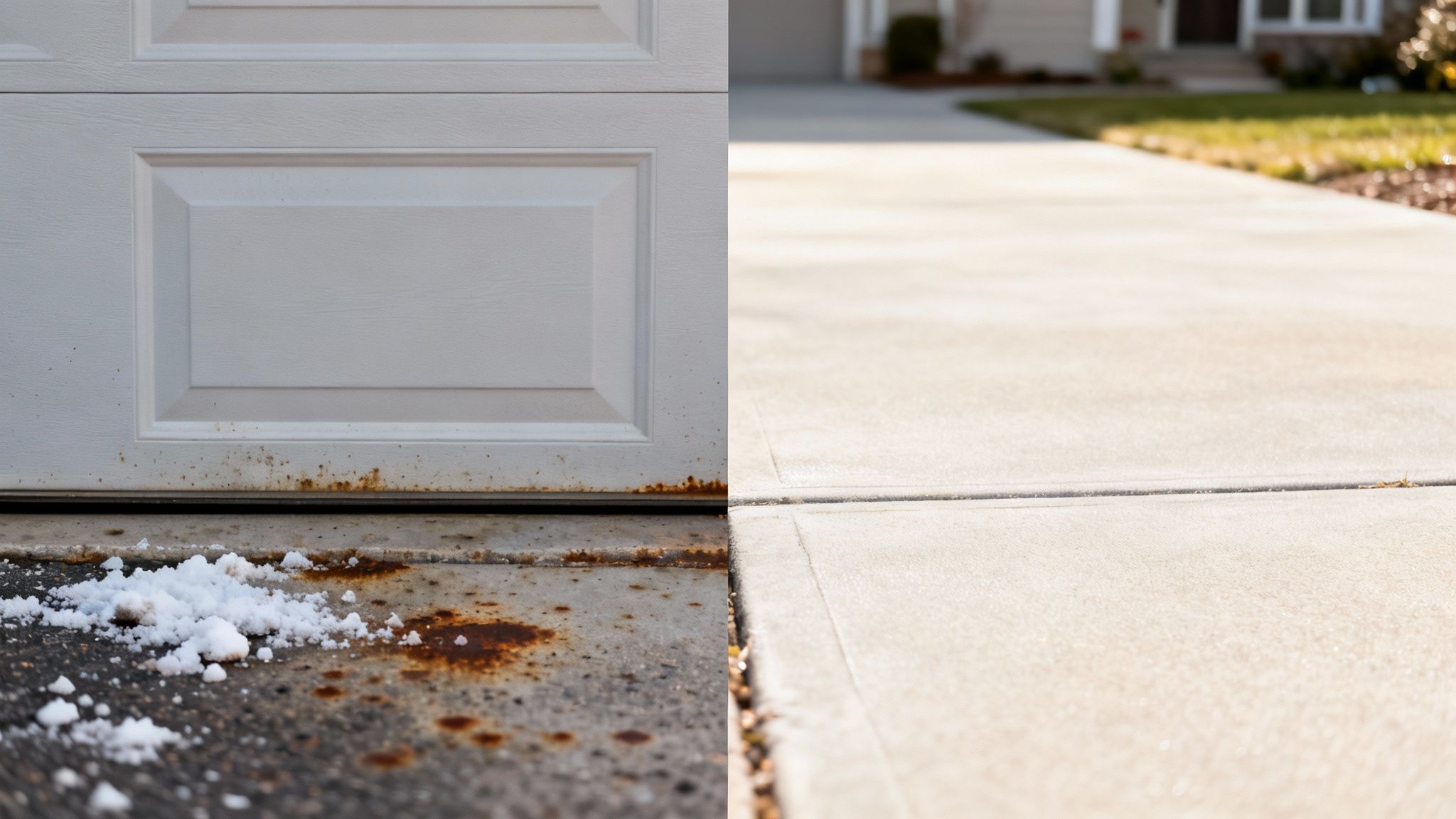 A split image showing a rusty white garage door and concrete with salt, contrasted with a clean driveway.