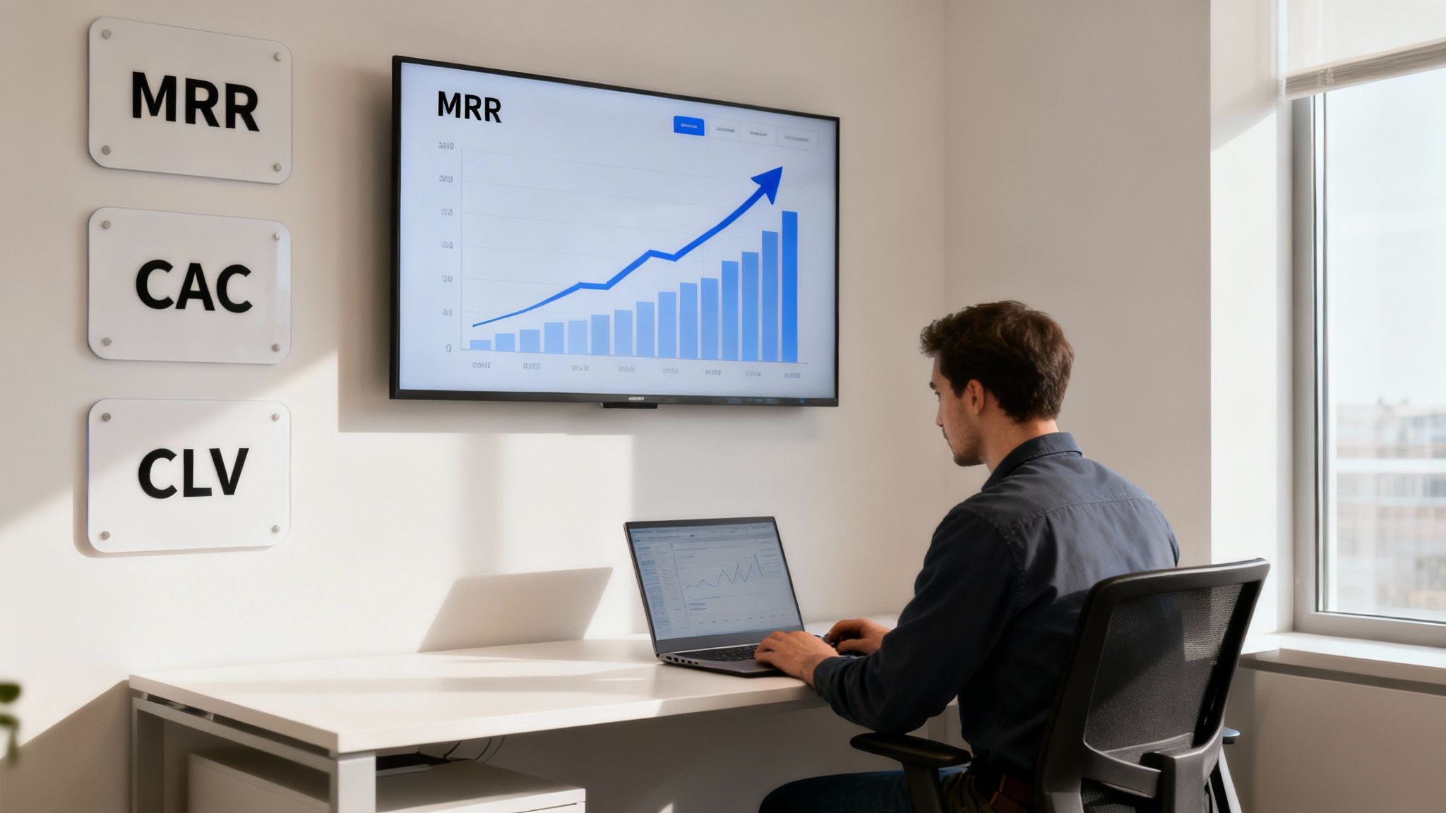 A man analyzing business metrics, including MRR, CAC, and CLV, on a laptop and large screen.