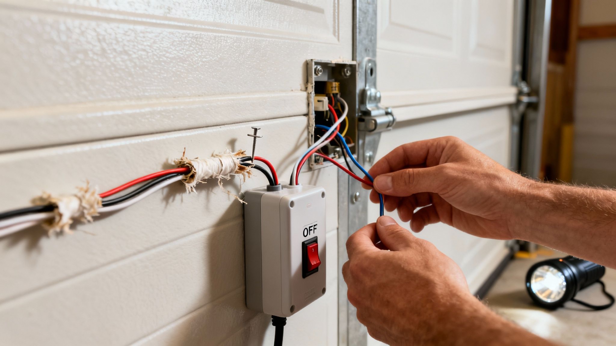 A person's hands connecting electrical wires to an 'OFF' switch on a garage door.