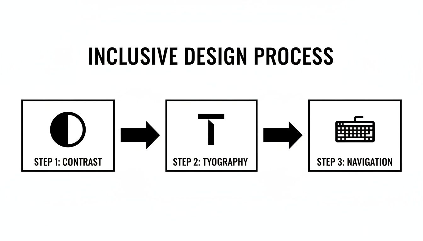 Inclusive design process diagram illustrating steps: contrast (moon icon), typography (T icon), and navigation (keyboard icon).