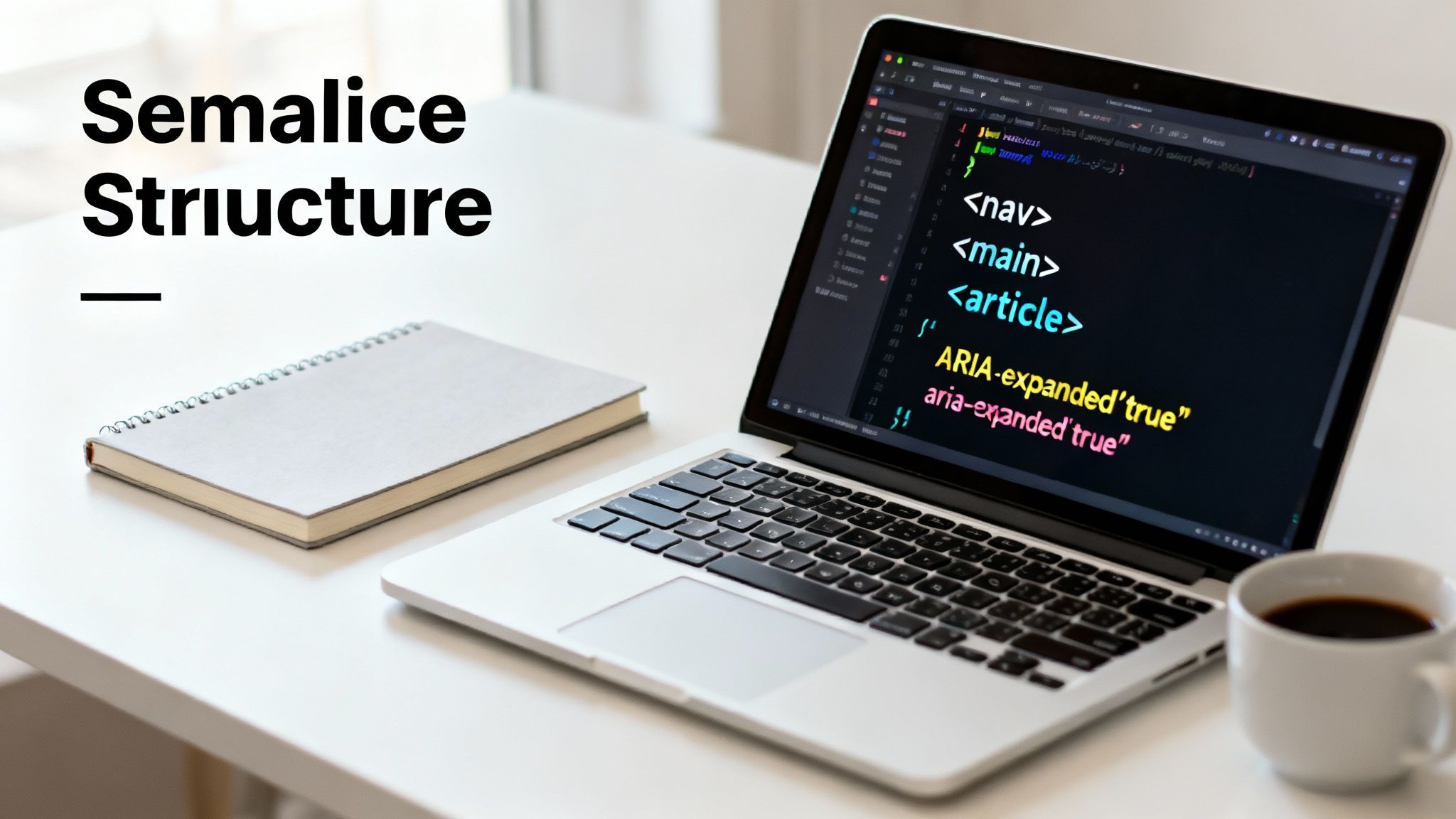 Laptop displays web development code with HTML structure and ARIA attributes, beside a notebook and coffee.