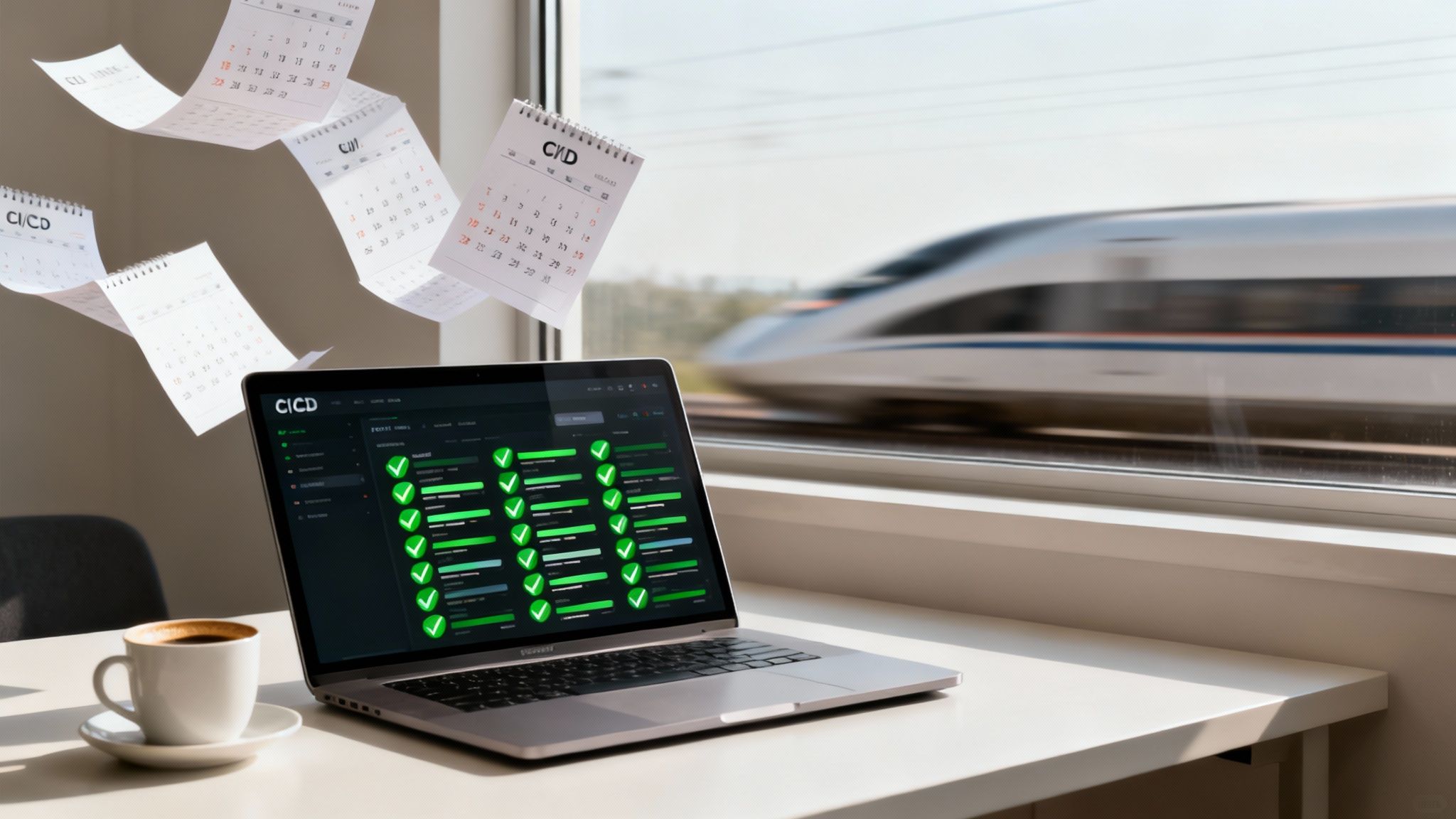 A laptop displays successful automated testing results, with falling calendar pages and a speeding train.