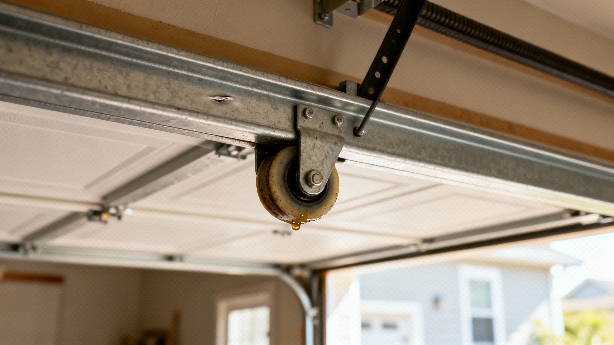 Close-up of a garage door roller dripping lubricant on a metal track, highlighting maintenance needs.