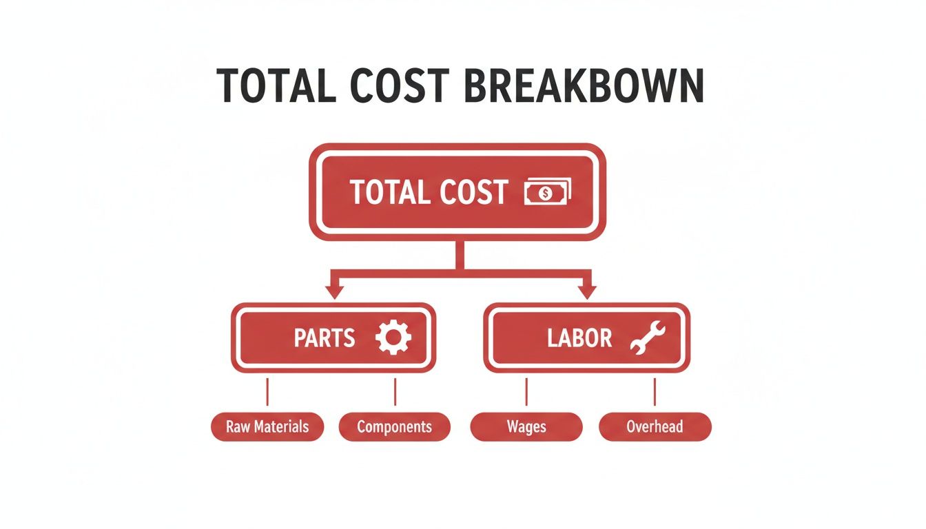 A flowchart visualizes the total cost breakdown, showing parts (raw materials, components) and labor (wages, overhead) components.