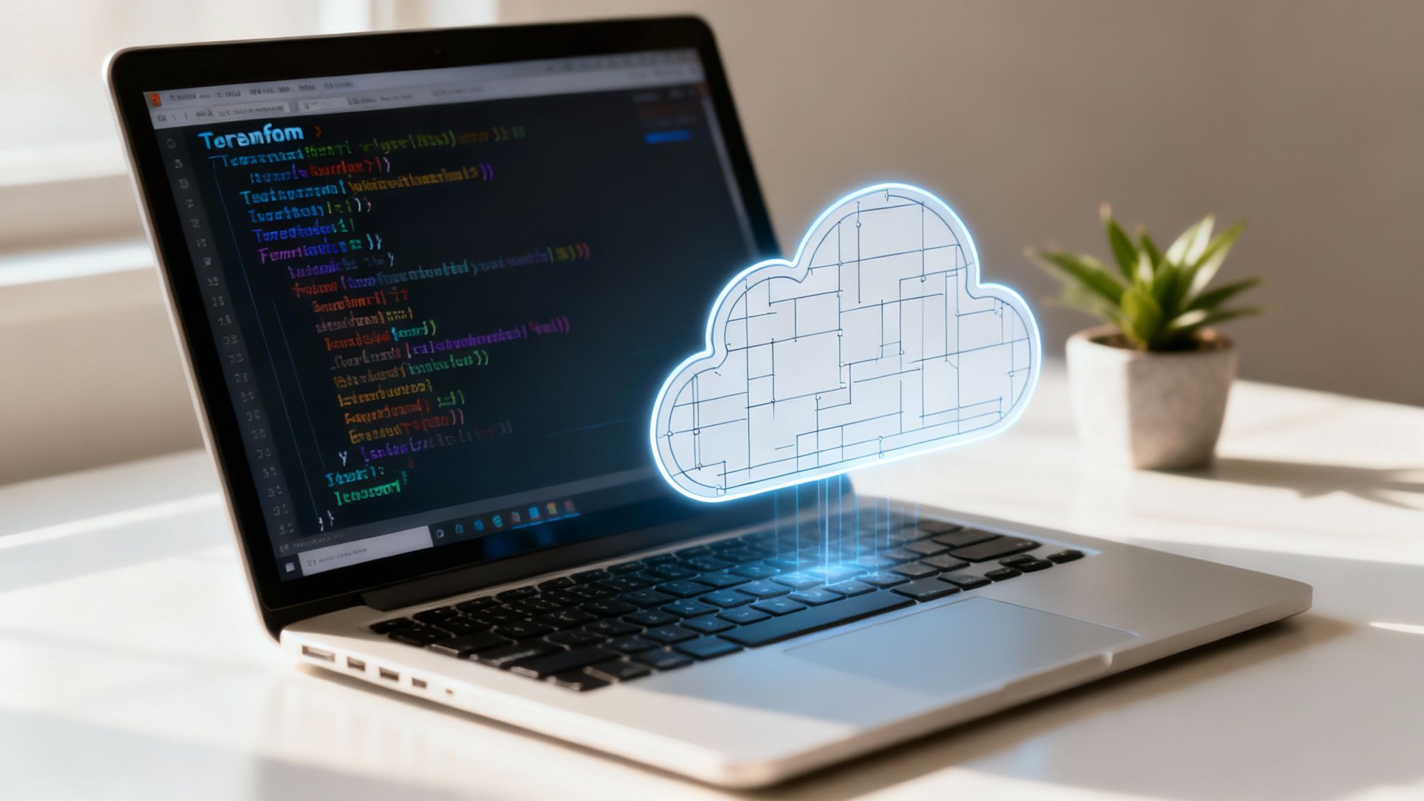 A laptop screen displaying code with a digital cloud icon hovering, symbolizing cloud development.