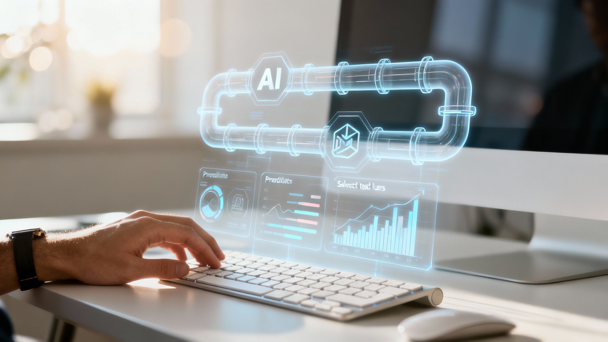 A person using a computer, interacting with a holographic AI data pipeline and analytics dashboard.