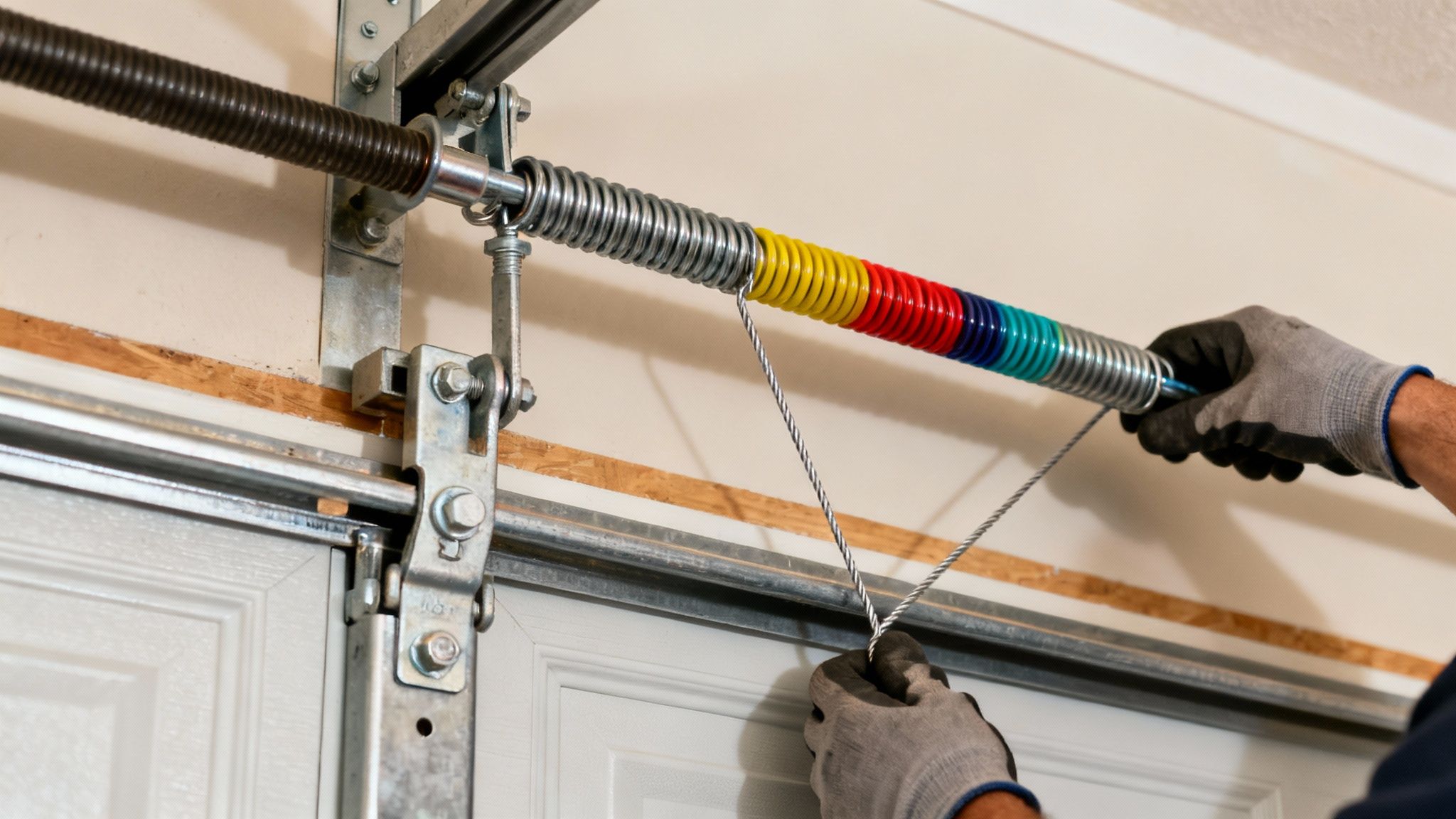 Technician in gloves repairing colorful garage door torsion spring with cable system