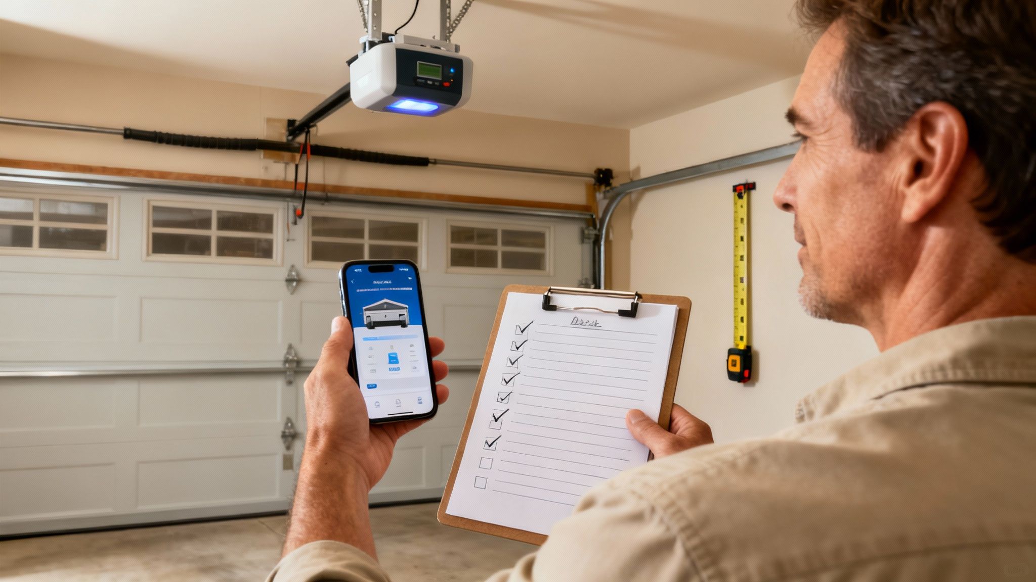 A homeowner using a smartphone to operate their smart garage door opener from their living room.