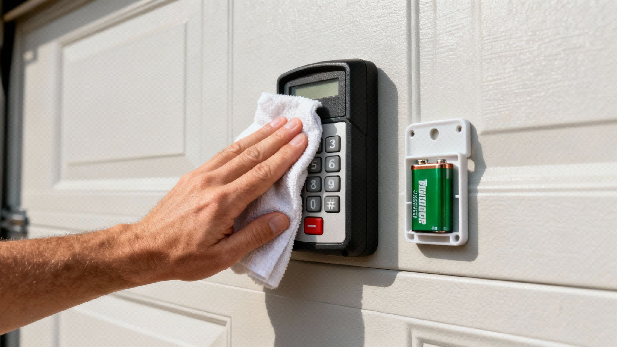 A person cleaning an outdoor garage door keypad with a soft cloth.