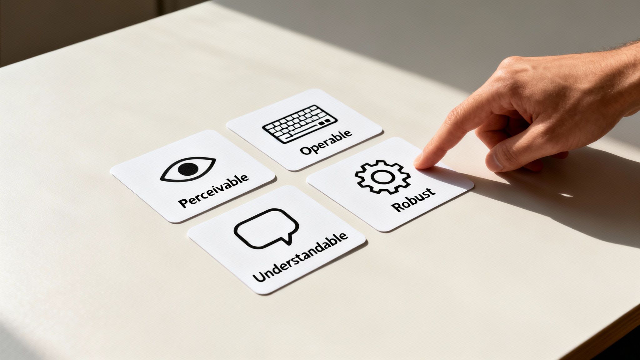 A hand points to a 'Robust' card with a gear, part of web accessibility principles.