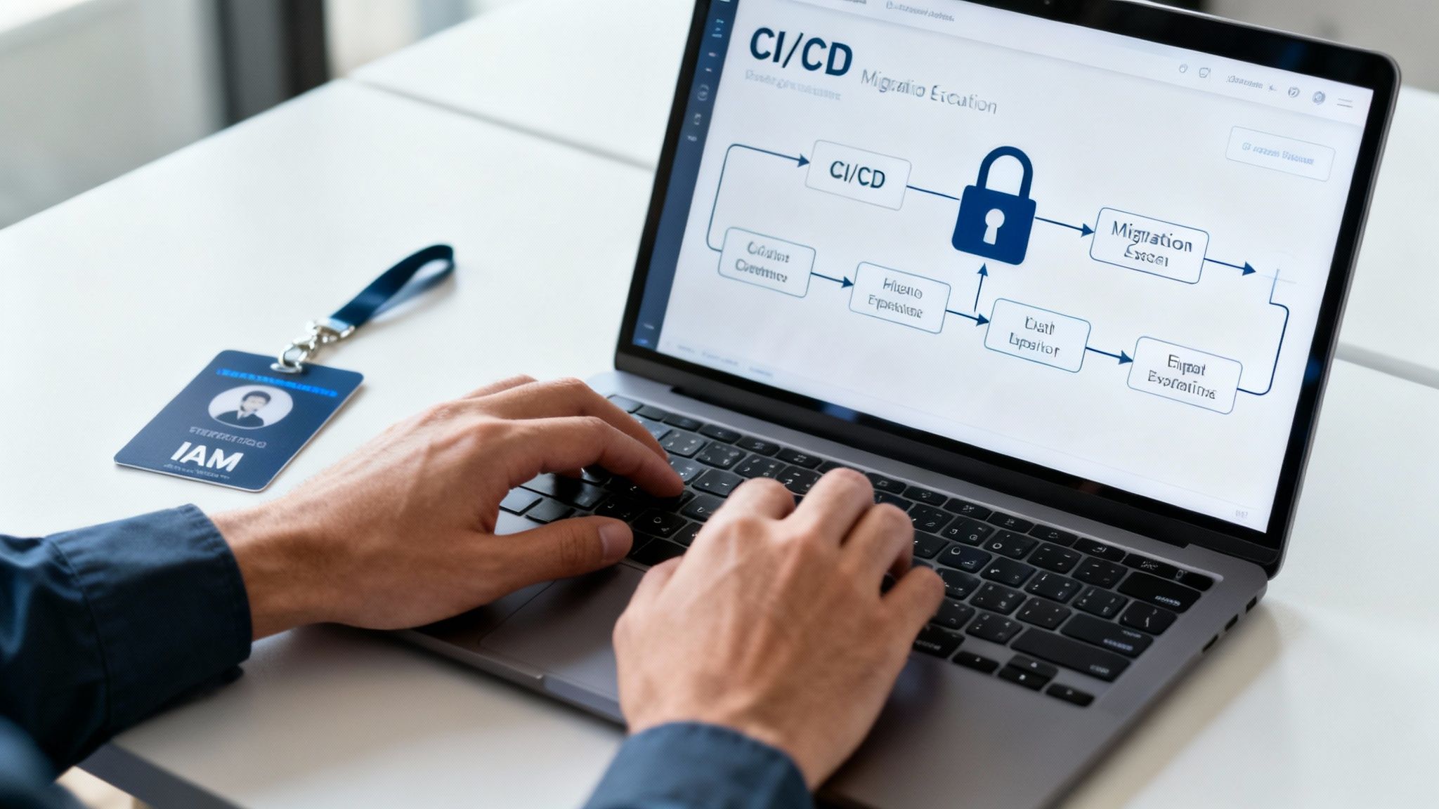 Person typing on a laptop displaying a CI/CD cloud migration strategy diagram, with an IAM badge nearby.