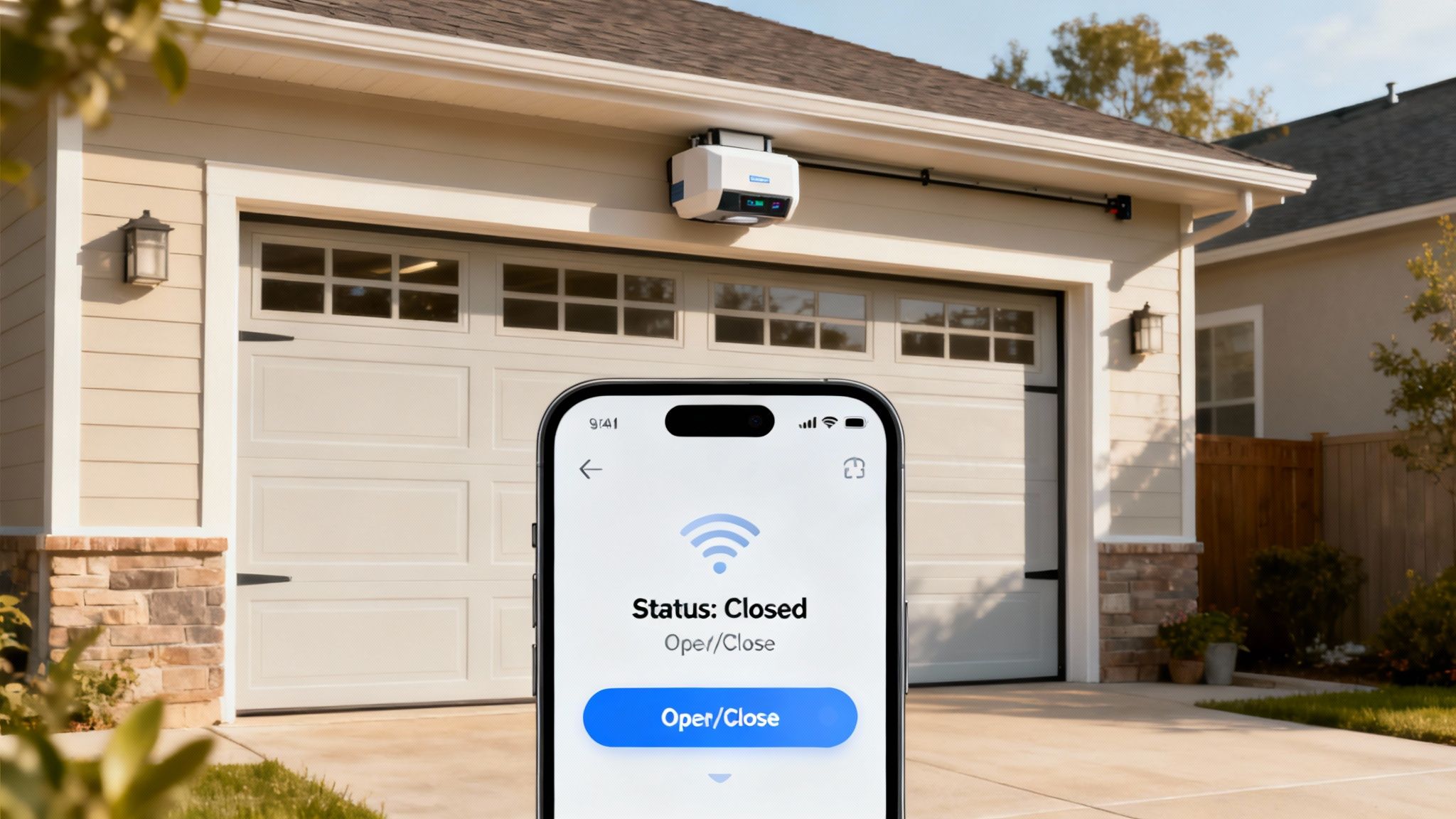 A person using their smartphone to control their smart garage door opener