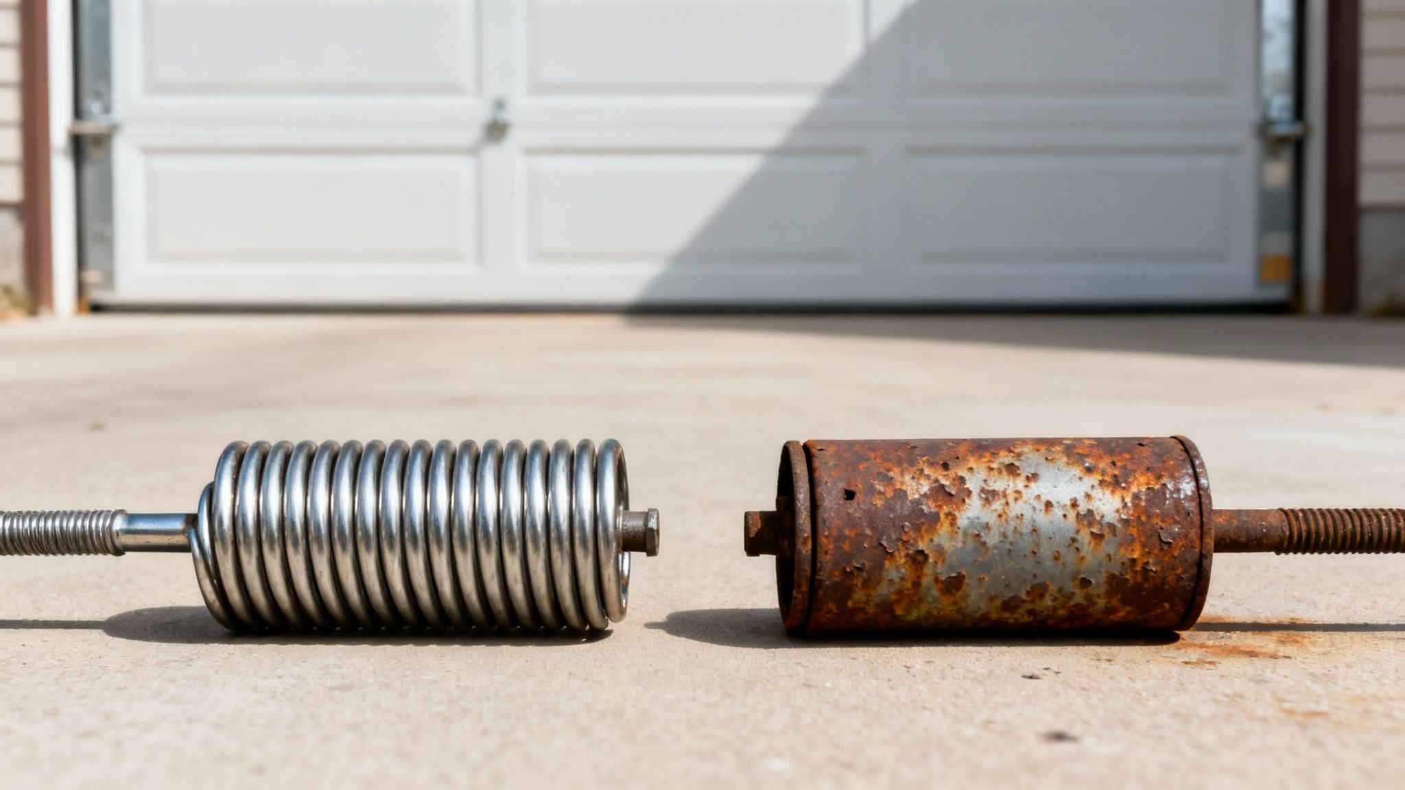 A new, shiny garage door torsion spring next to an old, rusty component on concrete.