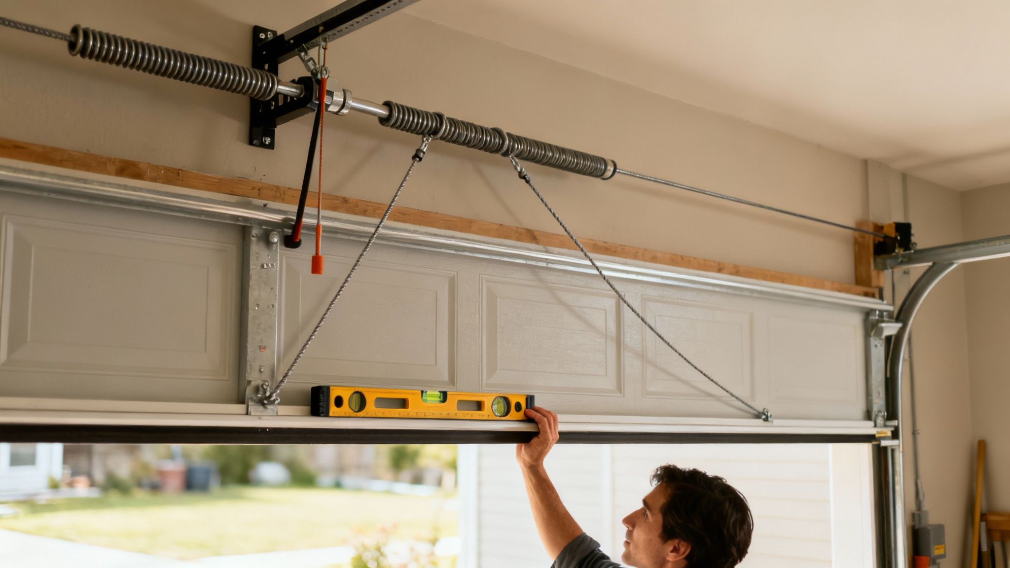 A man uses a yellow level tool to check the installation of a garage door.