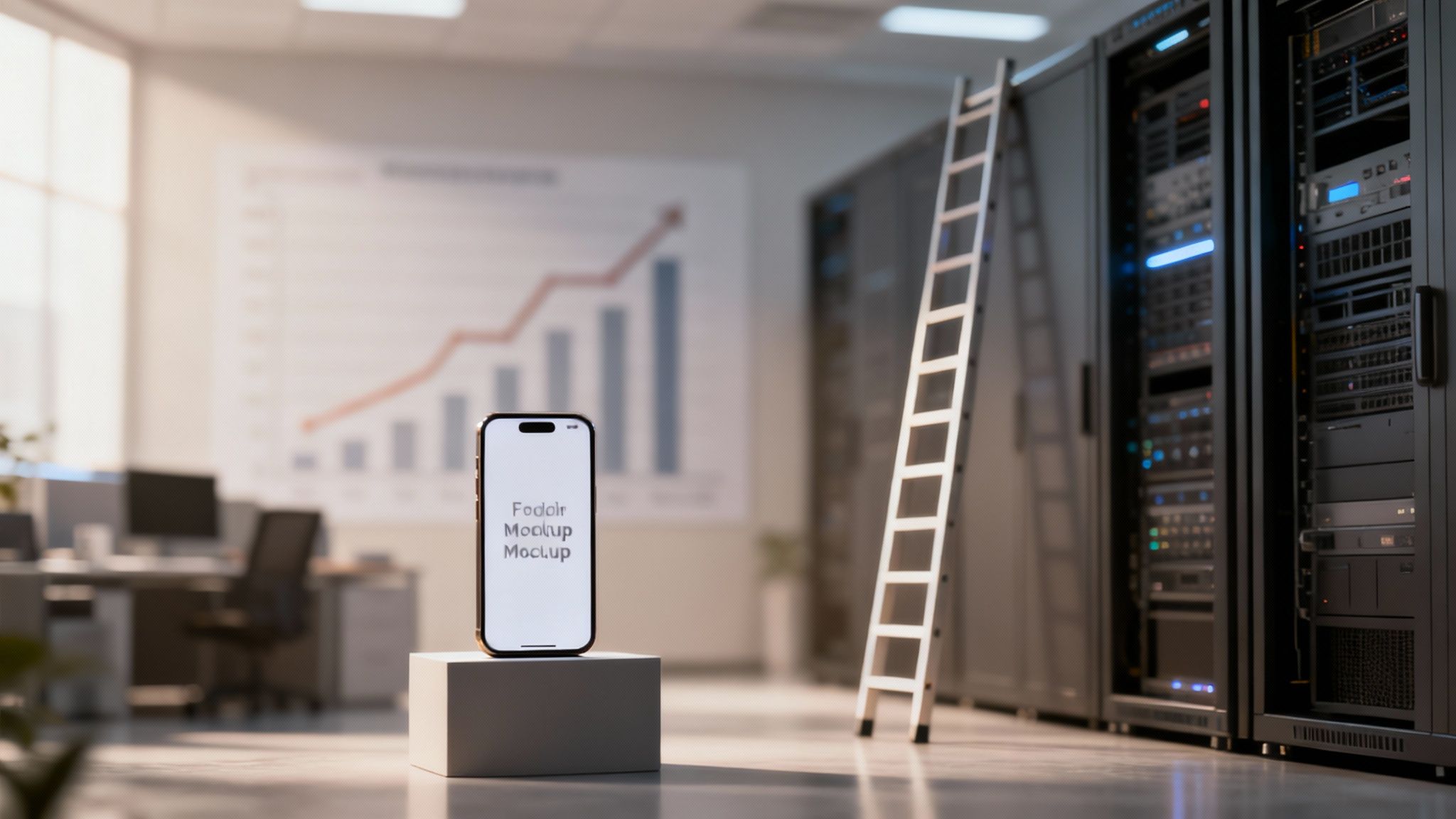 A smartphone mockup on a pedestal in a modern server room with data racks and an office background.